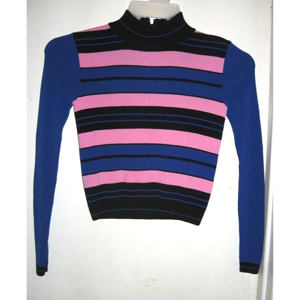 Topshop Pink Blue Black Striped Knit Mock Neck Quarter Zip Sweater US 2 UK 6